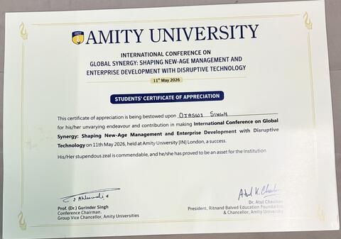 Amity University Students' Certificate of Appreciation, awarded to Ojaswi Singh