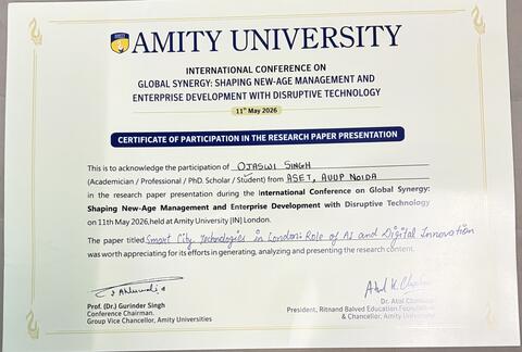 Amity University Certificate of Participation in the Research Paper Presentation, awarded to Ojaswi Singh