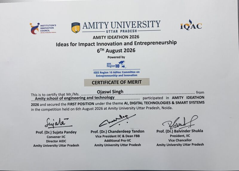 Official Certificate of Merit for Ojaswi Singh, Amity Ideathon 2026