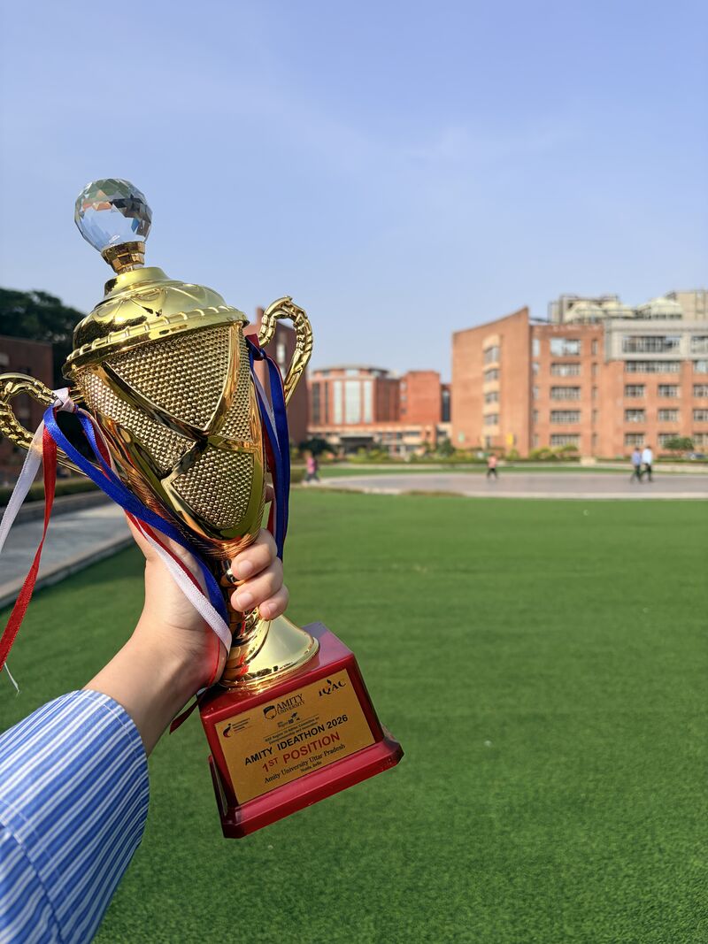 Close-up of the Amity Ideathon 2026 1st position trophy
