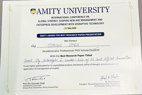 Amity University Award for Best Research Paper Presentation, awarded to Ojaswi Singh