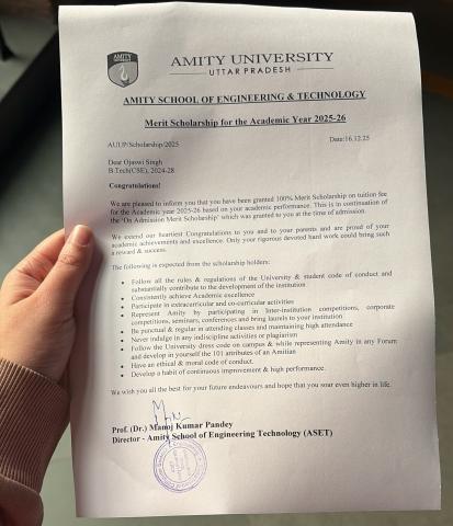 Amity University 100% Merit Scholarship letter for Academic Year 2025-26, addressed to Ojaswi Singh